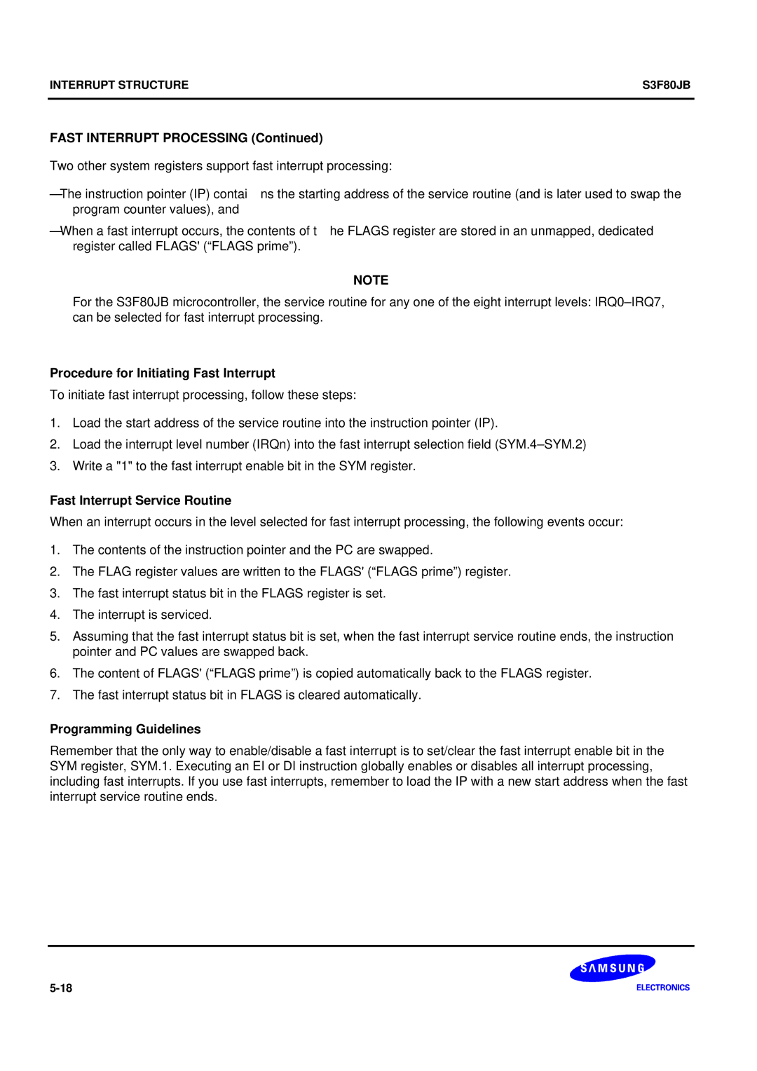 Samsung S3F80JB manual Fast Interrupt Processing, Procedure for Initiating Fast Interrupt, Fast Interrupt Service Routine 