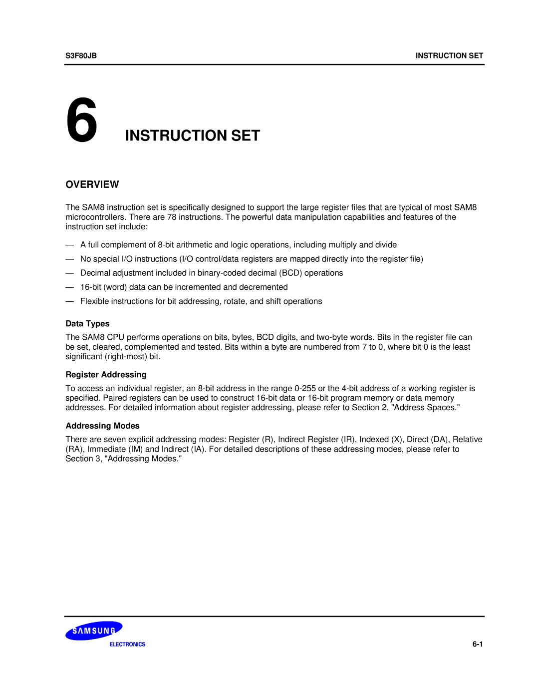 Samsung S3F80JB manual Data Types, Addressing Modes 