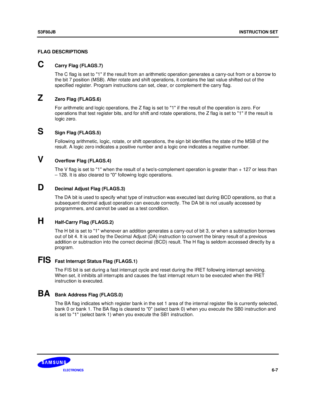 Samsung S3F80JB manual Flag Descriptions 