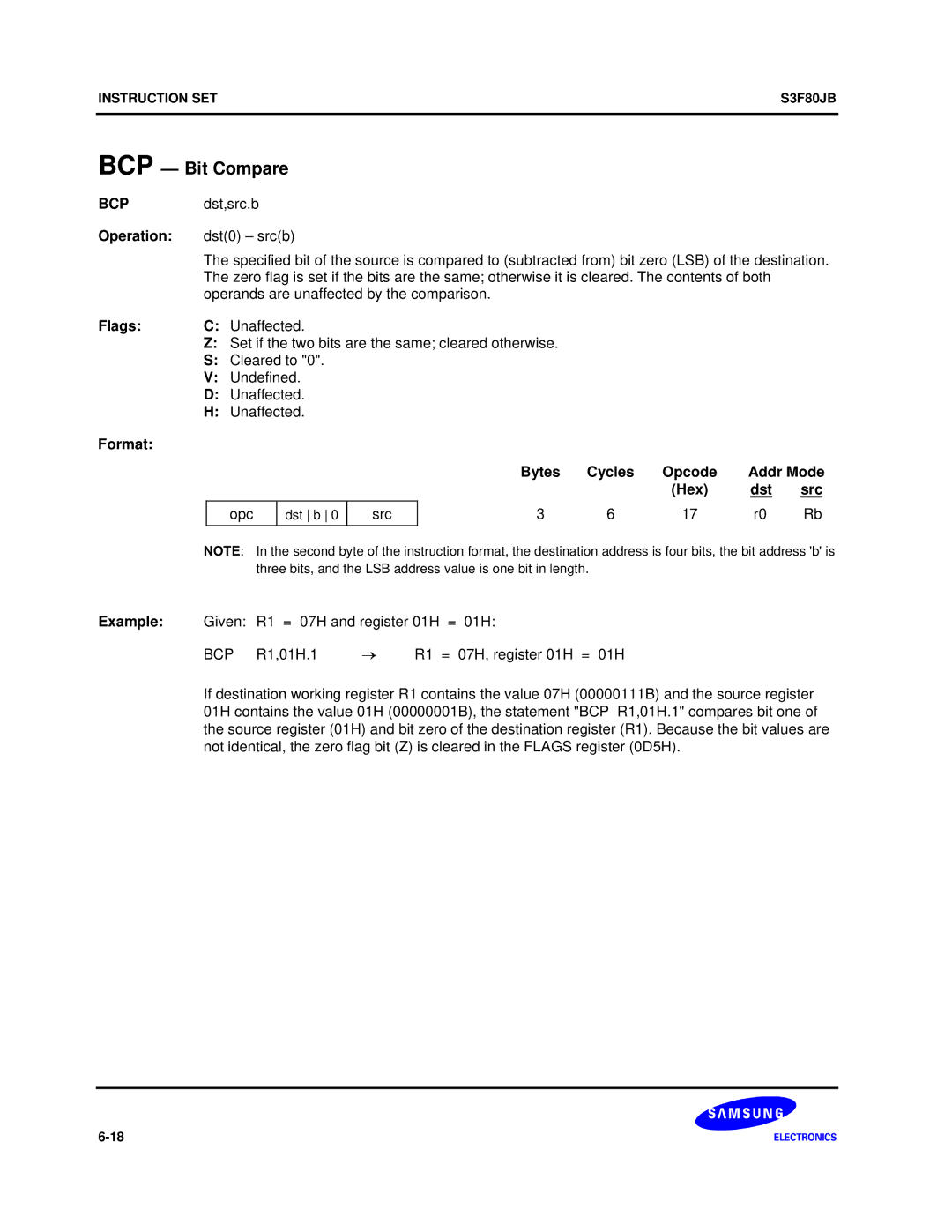 Samsung S3F80JB manual BCP Bit Compare, Bcp, Operation 