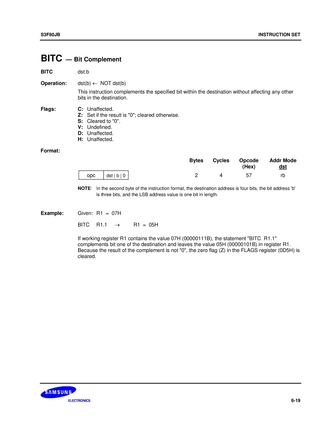 Samsung S3F80JB manual Bitc Bit Complement, Hex Dst 