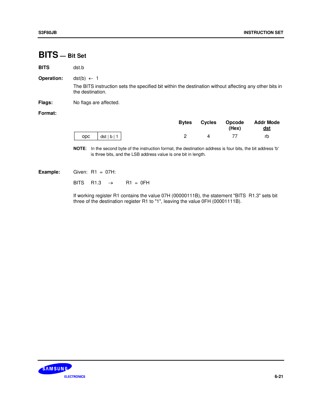 Samsung S3F80JB manual Bits Bit Set, Bits dst.b Operation dstb ← 