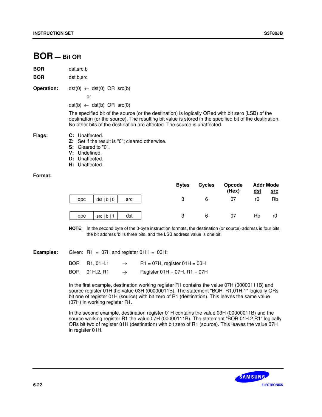 Samsung S3F80JB manual BOR Bit or, Bor 