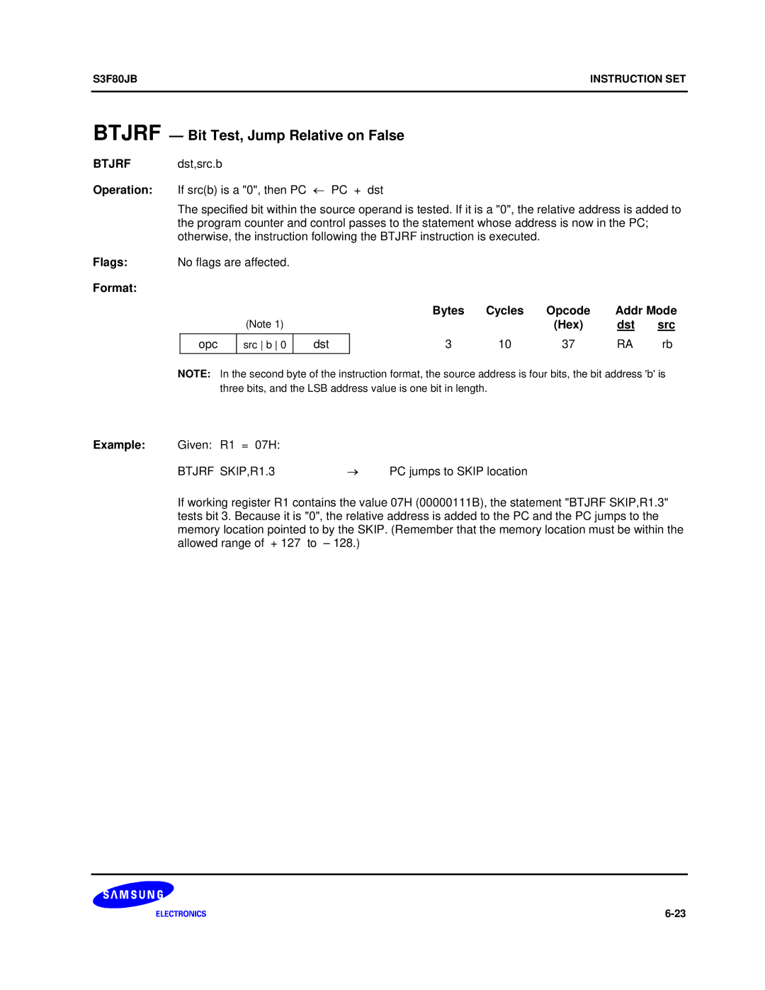 Samsung S3F80JB manual Btjrf Bit Test, Jump Relative on False, Example Given R1 = 07H, Btjrf SKIP,R1.3 