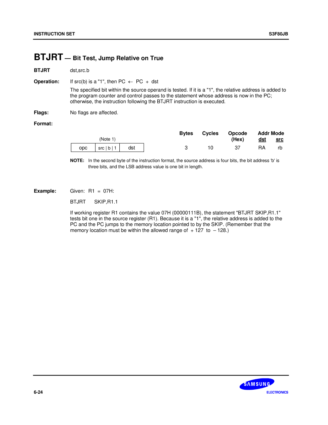 Samsung S3F80JB manual Btjrt Bit Test, Jump Relative on True, Btjrt SKIP,R1.1 