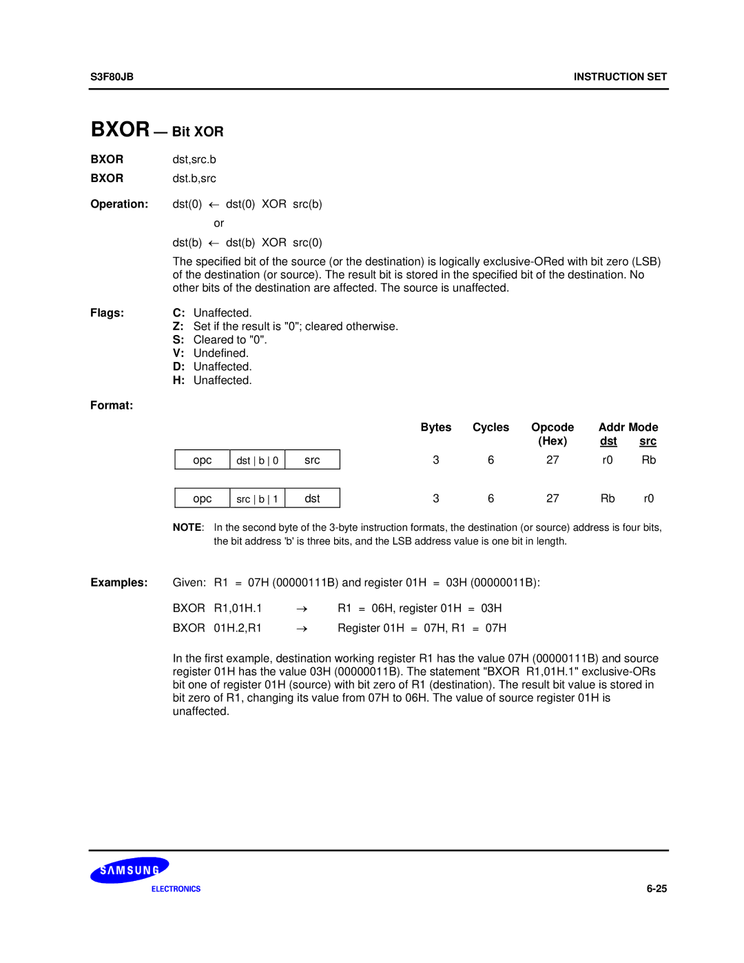 Samsung S3F80JB manual Bxor Bit XOR, R1,01H.1 R1 = 06H, register 01H = 03H 