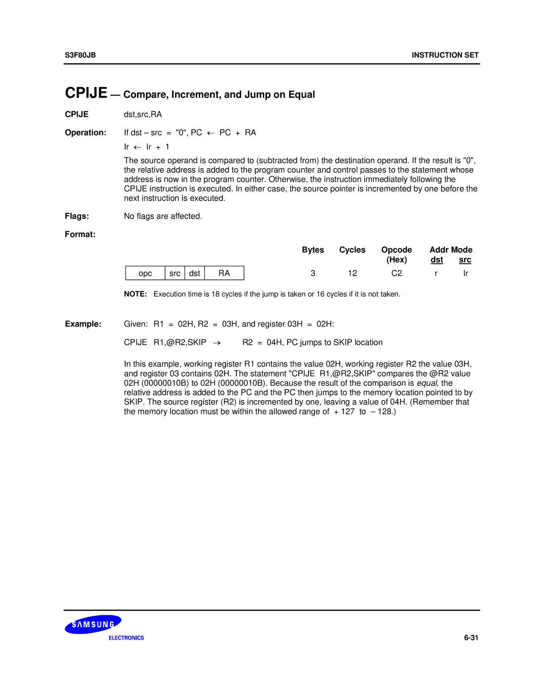 Samsung S3F80JB manual Cpije Compare, Increment, and Jump on Equal 