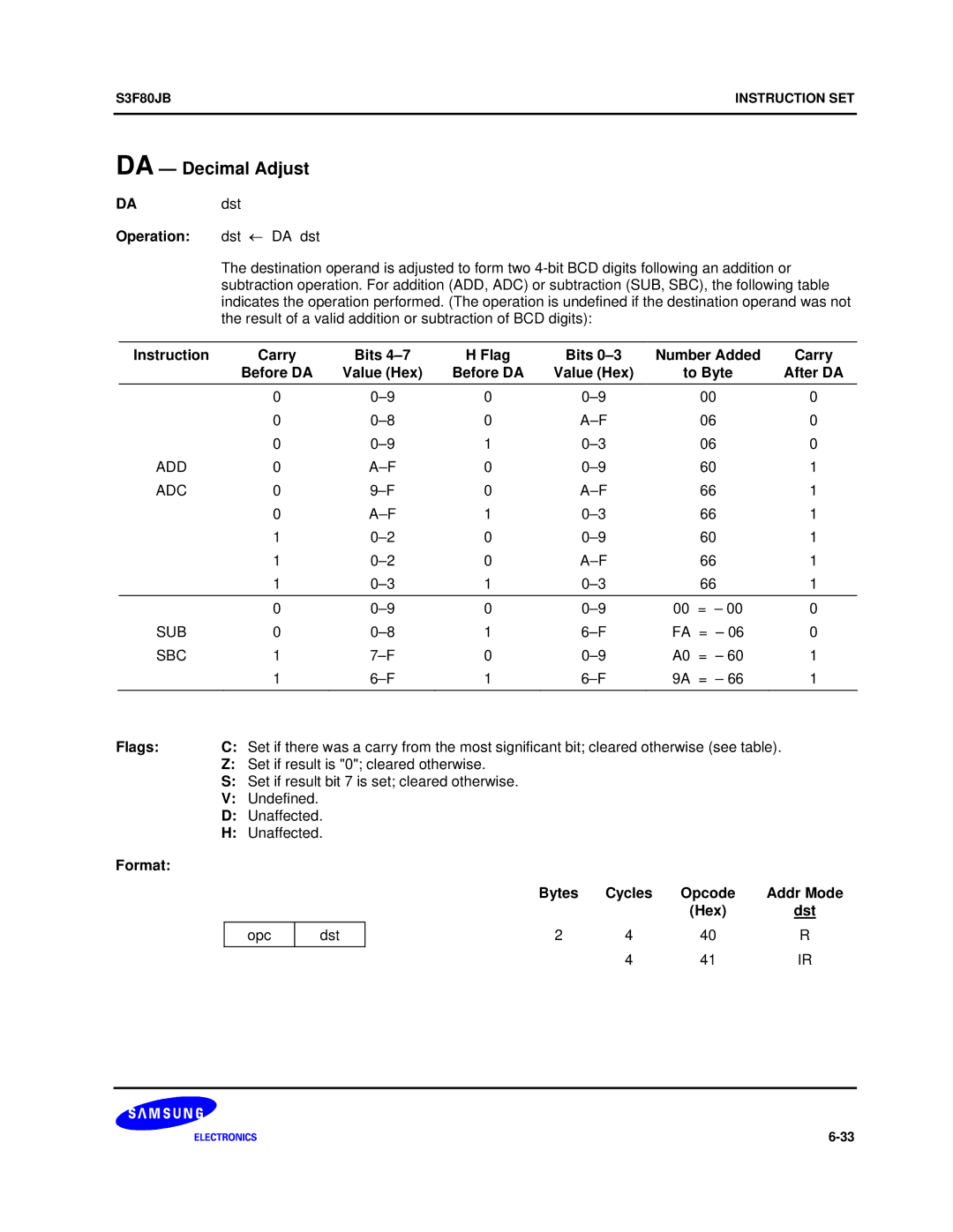 Samsung S3F80JB manual DA Decimal Adjust, DAdst Operation dst ← DA dst, Bits 