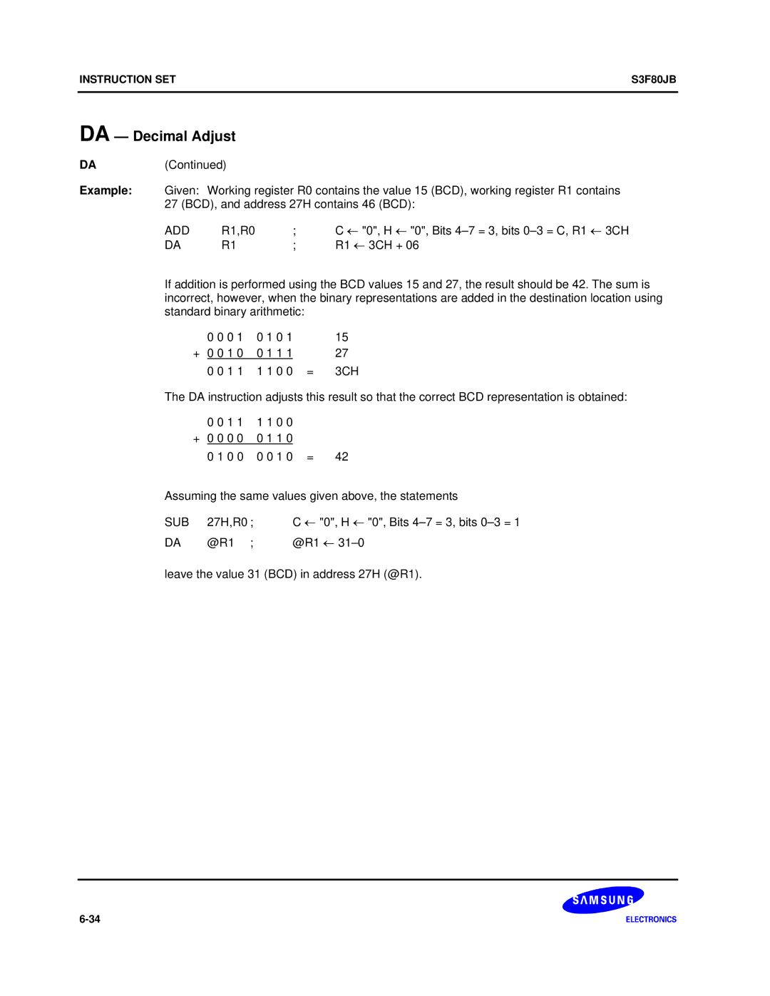 Samsung S3F80JB manual R1,R0, R1 ← 3CH +, @R1 @R1 ← Leave the value 31 BCD in address 27H @R1 