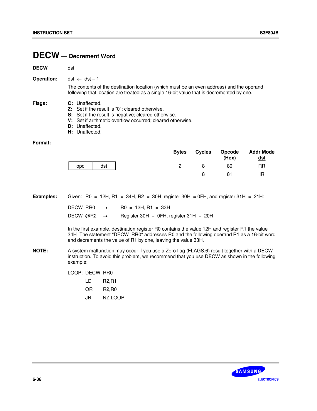 Samsung S3F80JB manual Decw Decrement Word 