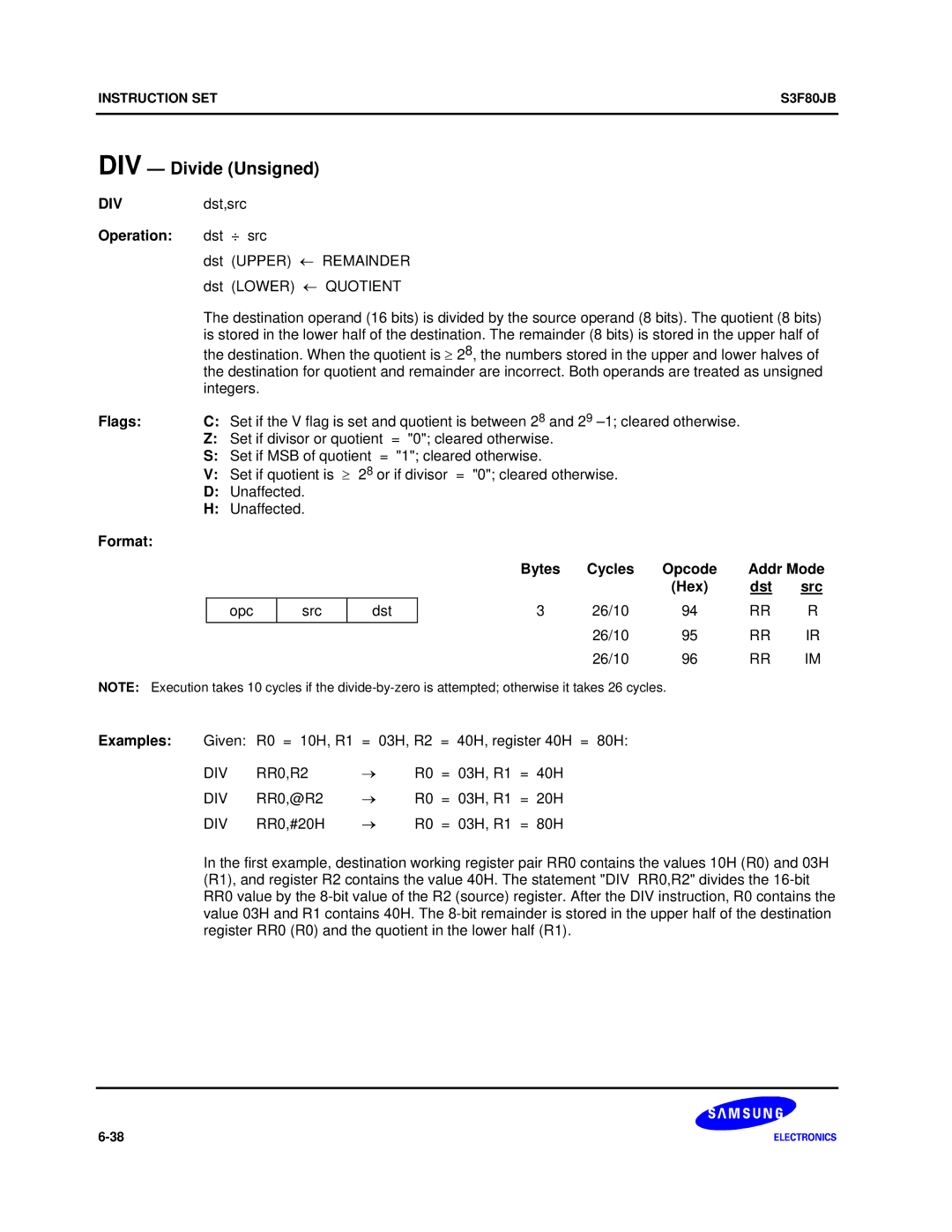 Samsung S3F80JB manual DIV Divide Unsigned, Operation dst ÷ src 