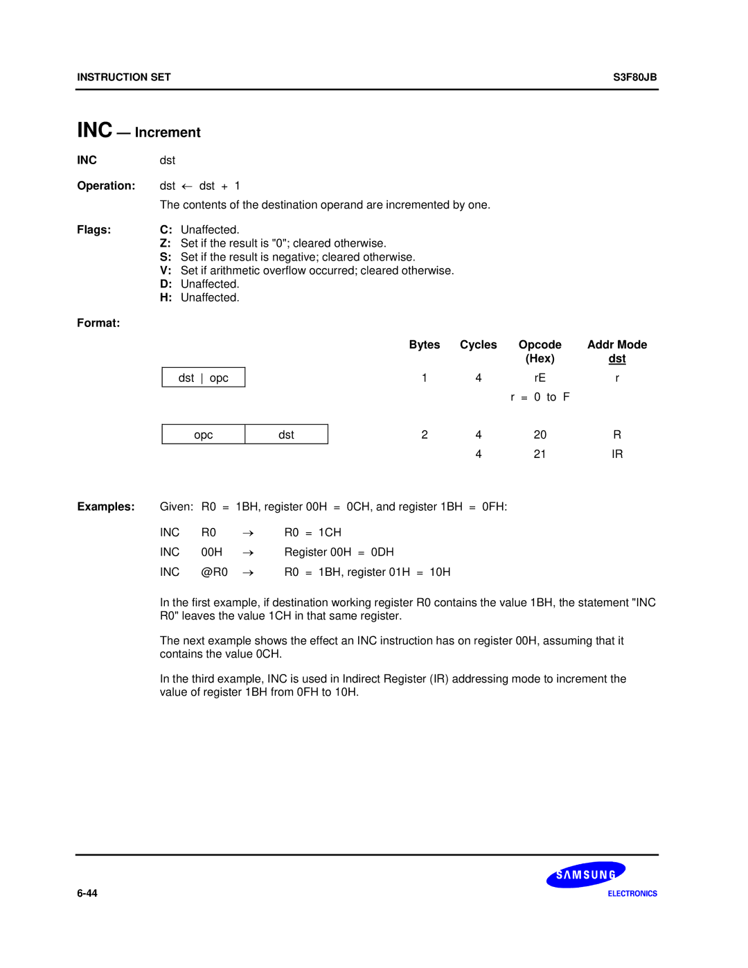 Samsung S3F80JB INC Increment, INC dst Operation dst ← dst +, Contents of the destination operand are incremented by one 