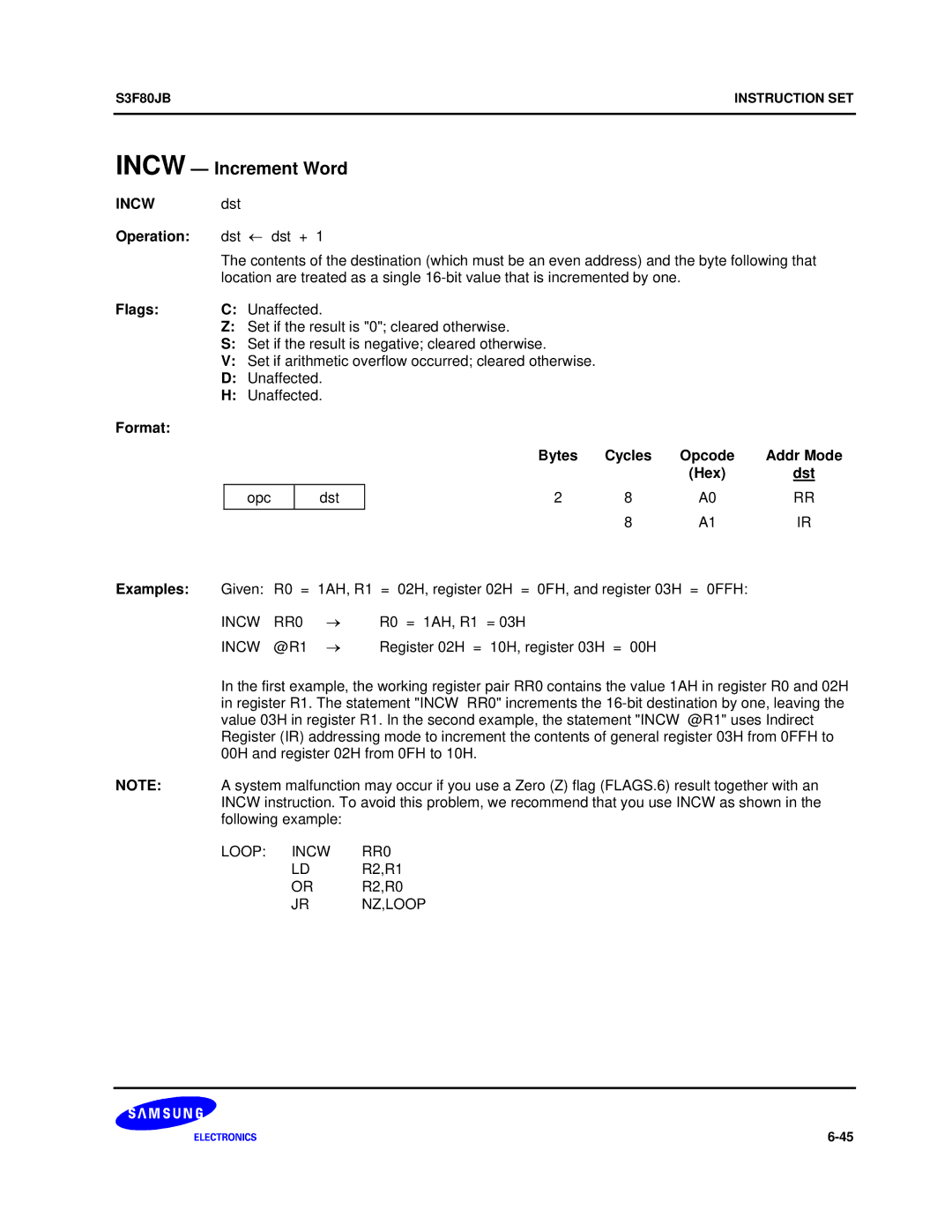 Samsung S3F80JB manual Incw Increment Word, Loop Incw RR0 