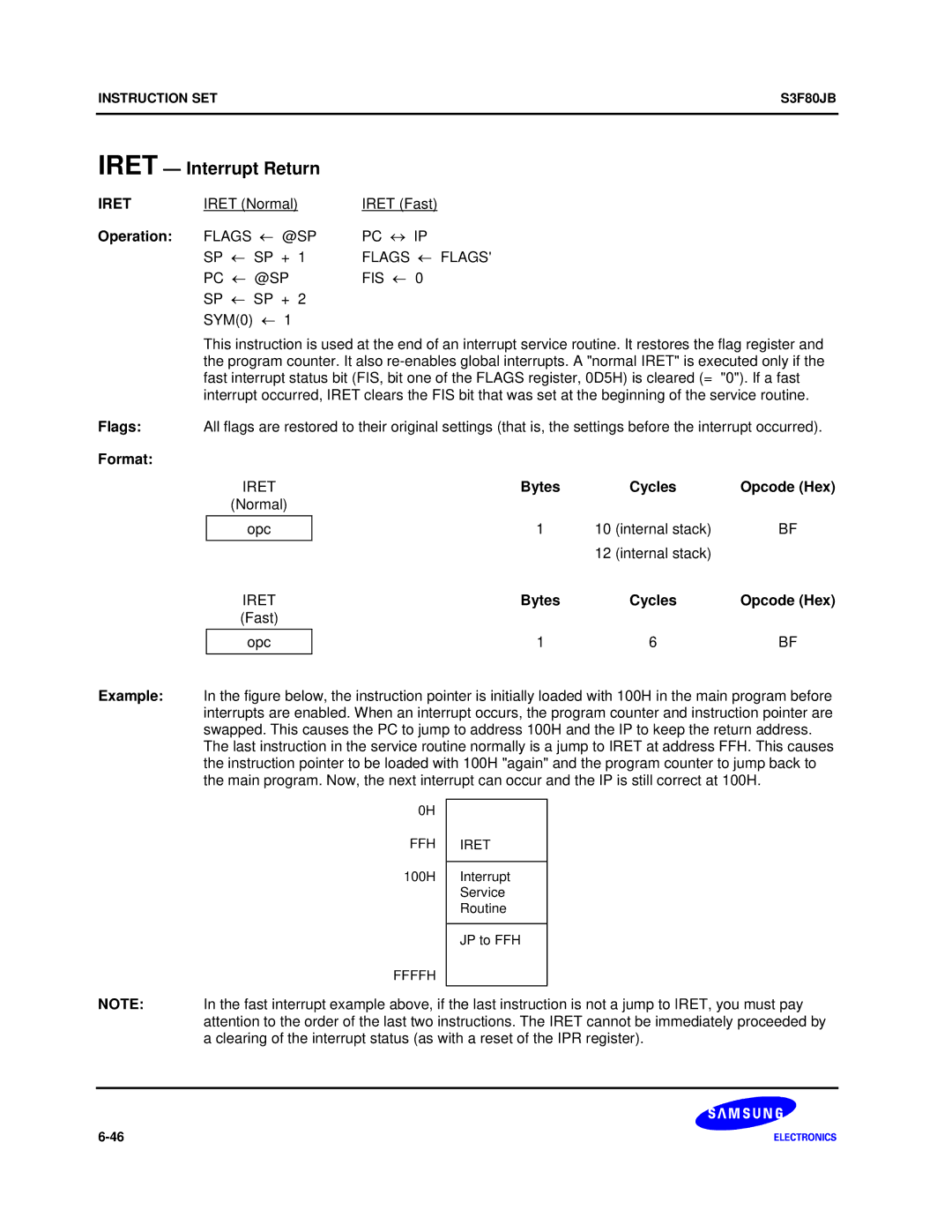 Samsung S3F80JB manual Iret Interrupt Return, Flags ← @SP PC ↔ IP, Flags ← Flags 