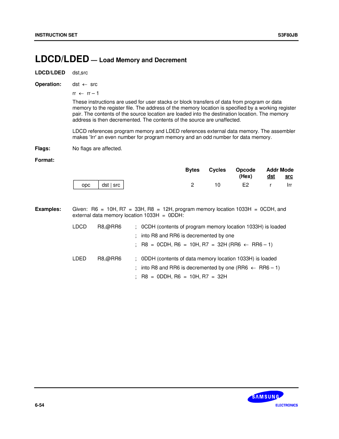 Samsung S3F80JB manual LDCD/LDED Load Memory and Decrement, LDCD/LDED dst,src Operation dst ← src 