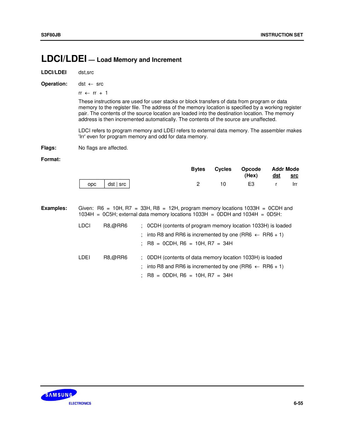 Samsung S3F80JB manual LDCI/LDEI Load Memory and Increment, LDCI/LDEI dst,src Operation dst ← src, Rr ← rr + 