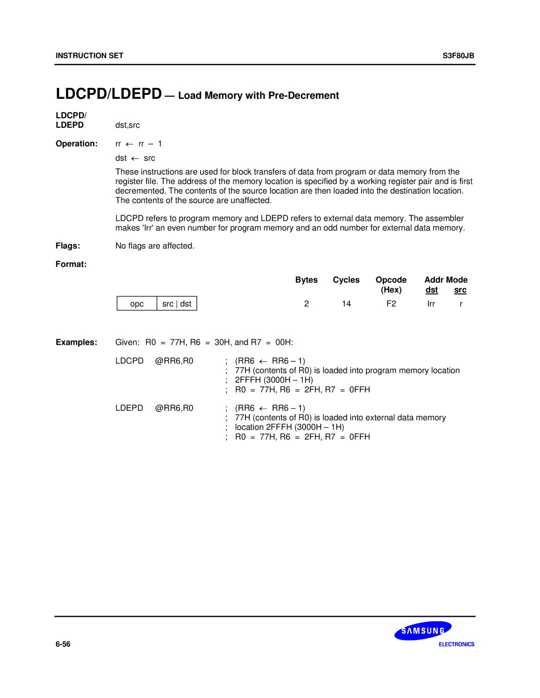 Samsung S3F80JB manual LDCPD/LDEPD Load Memory with Pre-Decrement, Ldcpd, Operation rr ← rr 