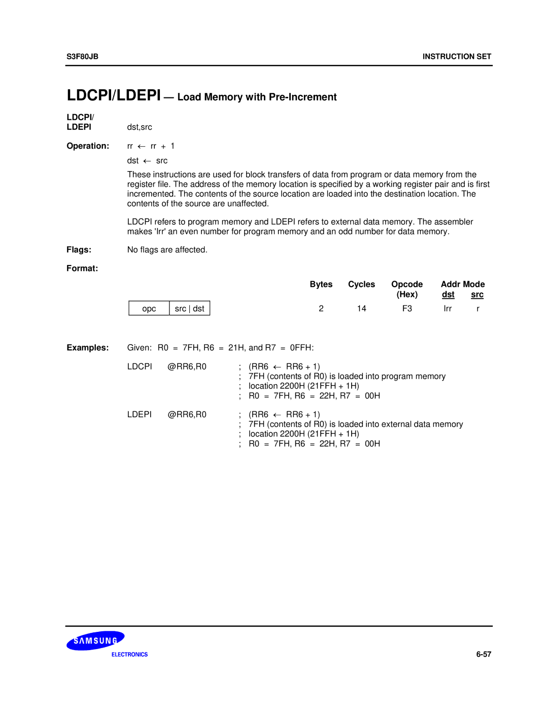 Samsung S3F80JB manual LDCPI/LDEPI Load Memory with Pre-Increment, Ldcpi, Operation rr ← rr + 