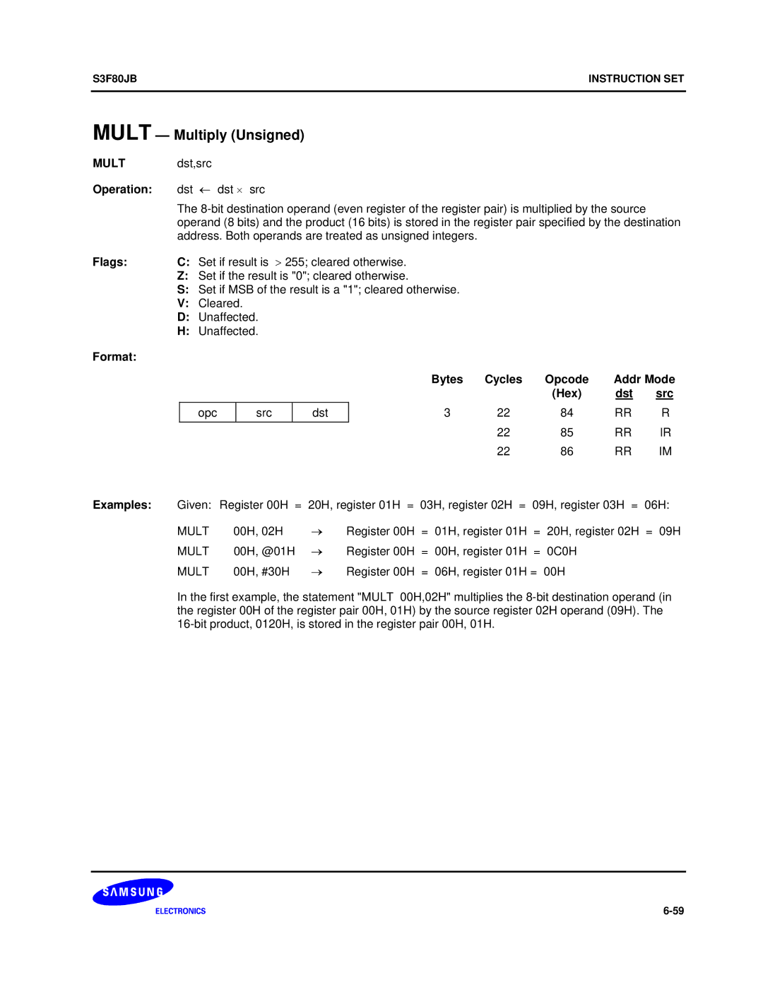 Samsung S3F80JB manual Mult Multiply Unsigned, Mult dst,src, Operation dst ← dst ⋅ src, Cleared 