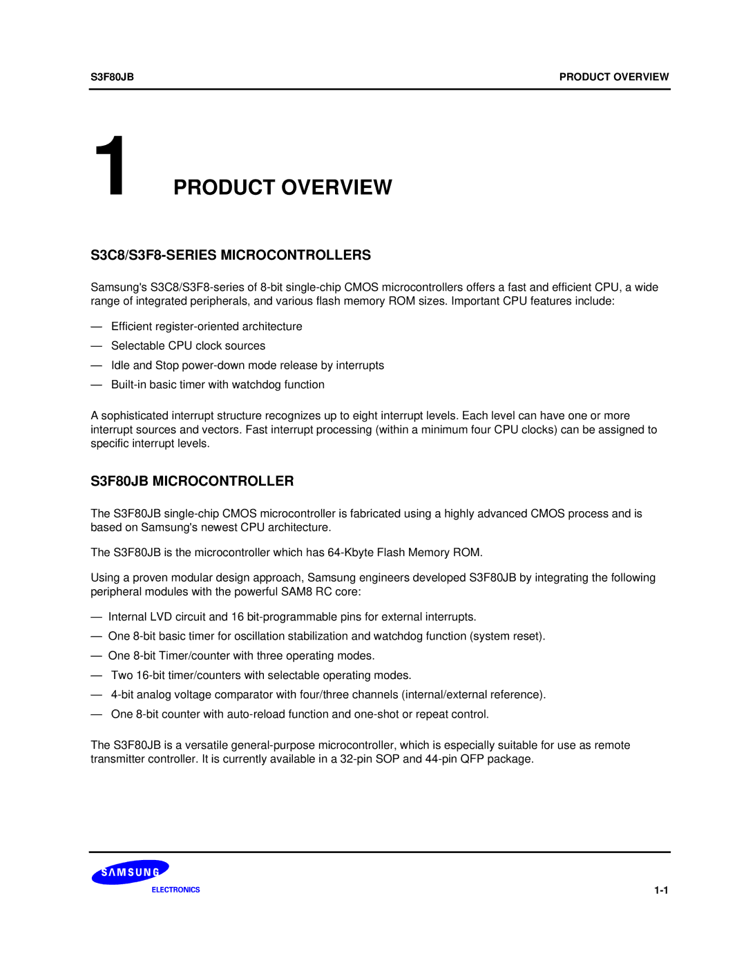 Samsung manual S3C8/S3F8-SERIES Microcontrollers, S3F80JB Microcontroller 