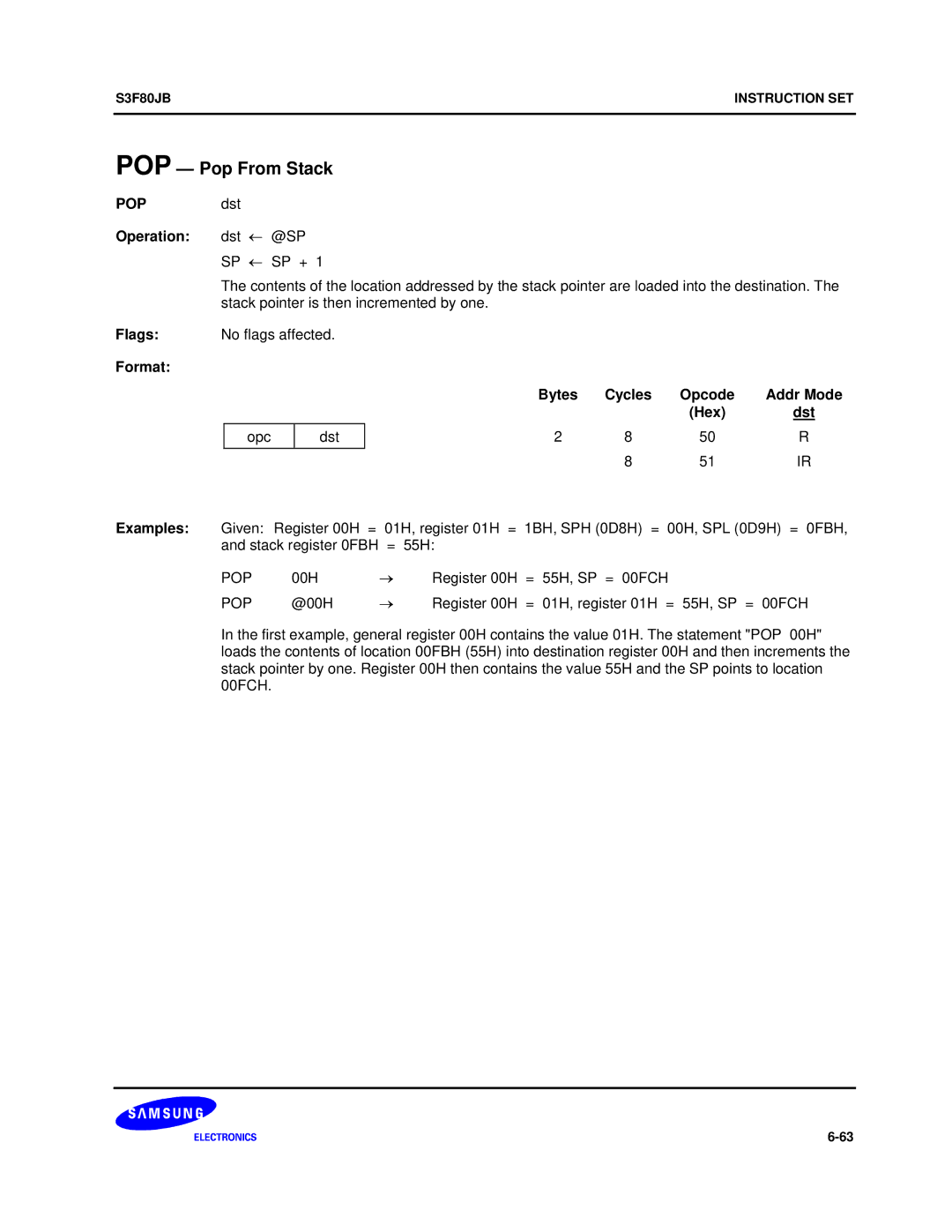 Samsung S3F80JB manual POP Pop From Stack, POP dst Operation dst ← @SP, 00H Register 00H 55H, SP = 00FCH 