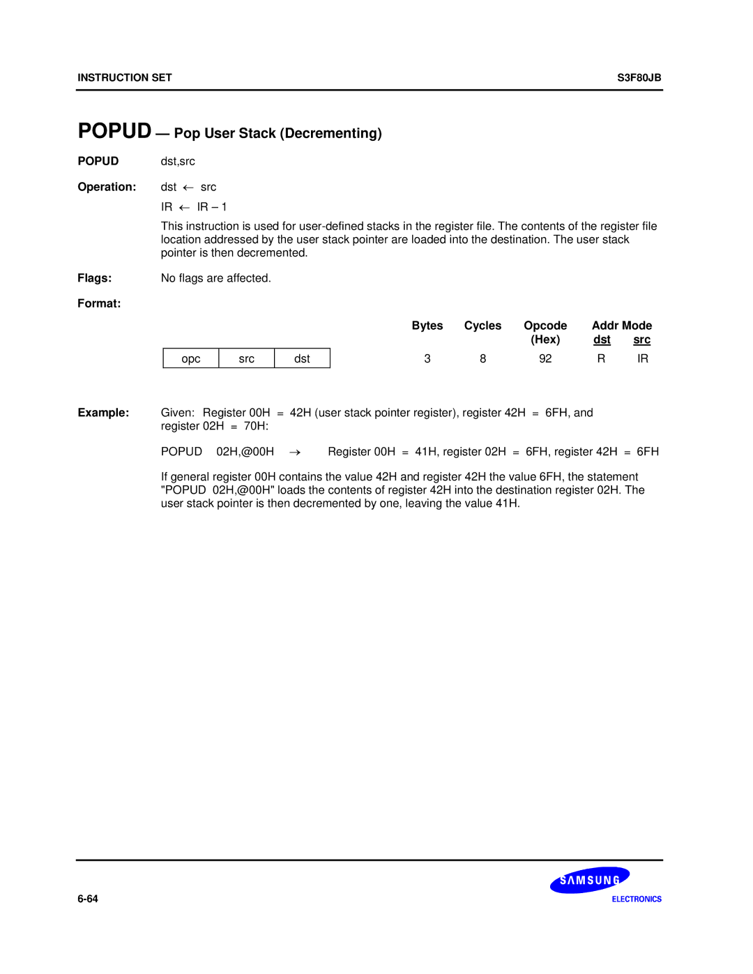 Samsung S3F80JB manual Popud Pop User Stack Decrementing, Popud dst,src 