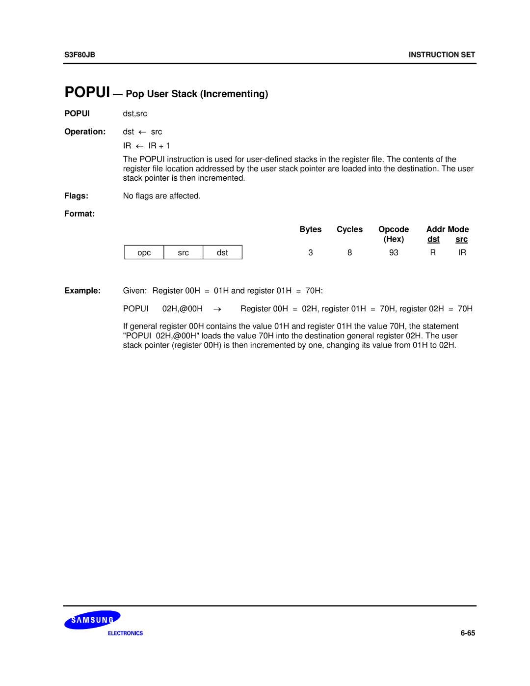 Samsung S3F80JB manual Popui Pop User Stack Incrementing, Popui dst,src 