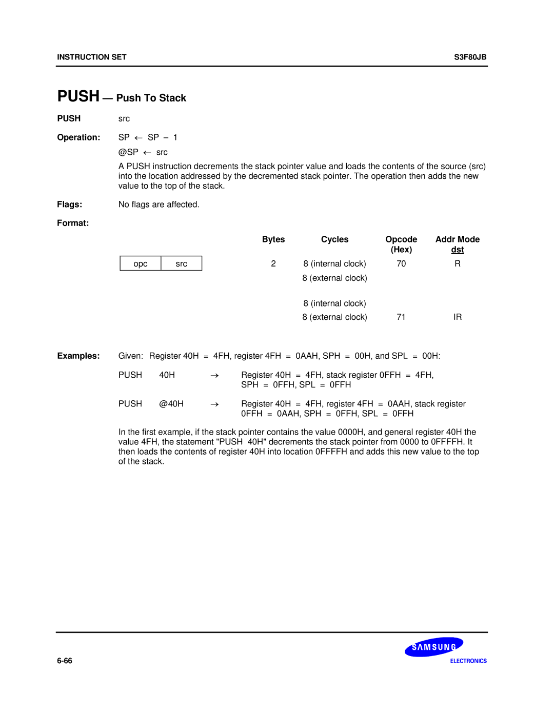 Samsung S3F80JB manual Push Push To Stack, Push src Operation SP ← SP, SPH = 0FFH, SPL = 0FFH 