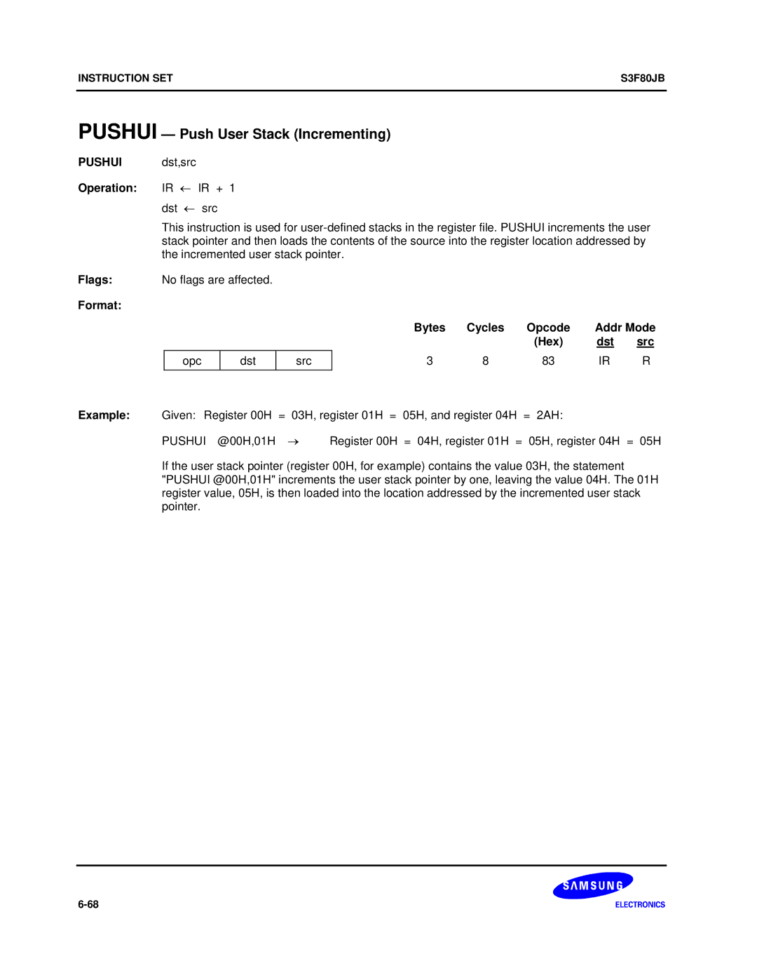 Samsung S3F80JB manual Pushui Push User Stack Incrementing, Pushui dst,src Operation IR ← IR + 