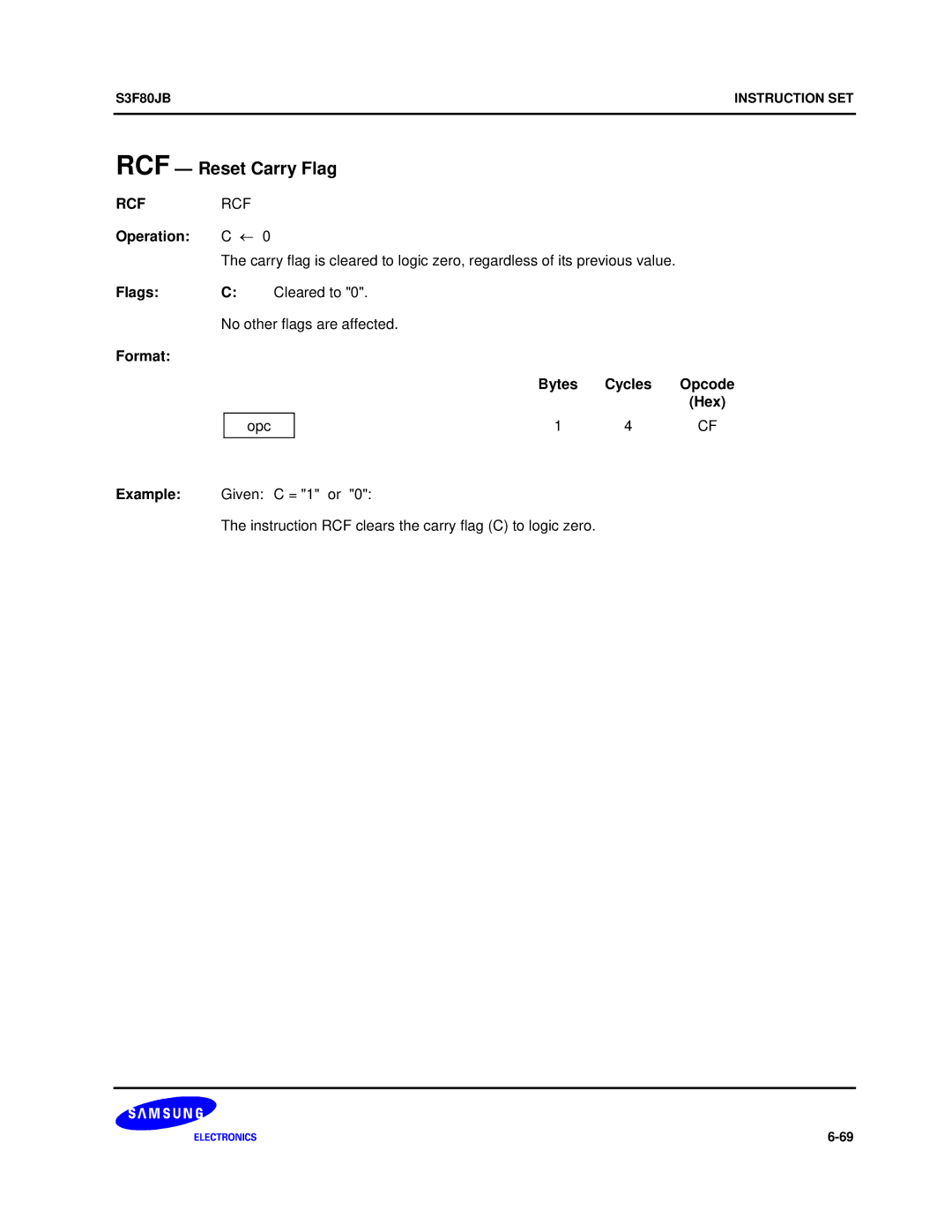 Samsung S3F80JB manual RCF Reset Carry Flag, Rcf, Flags Cleared to 