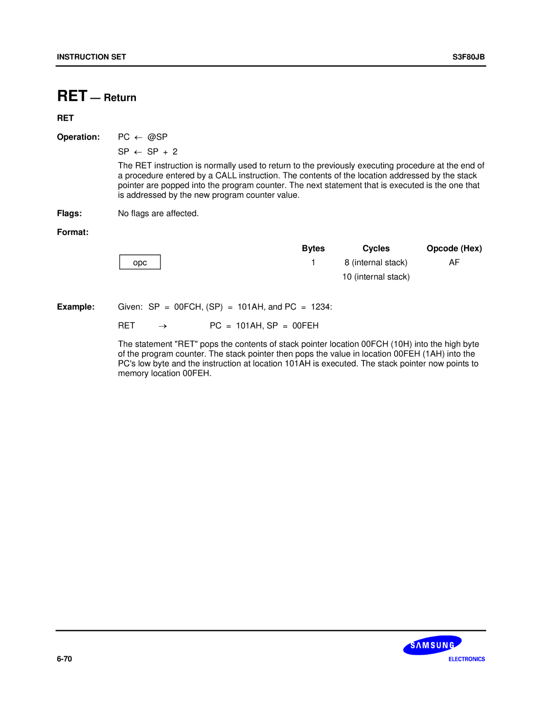 Samsung S3F80JB manual RET Return, Operation PC ← @SP, PC = 101AH, SP = 00FEH 