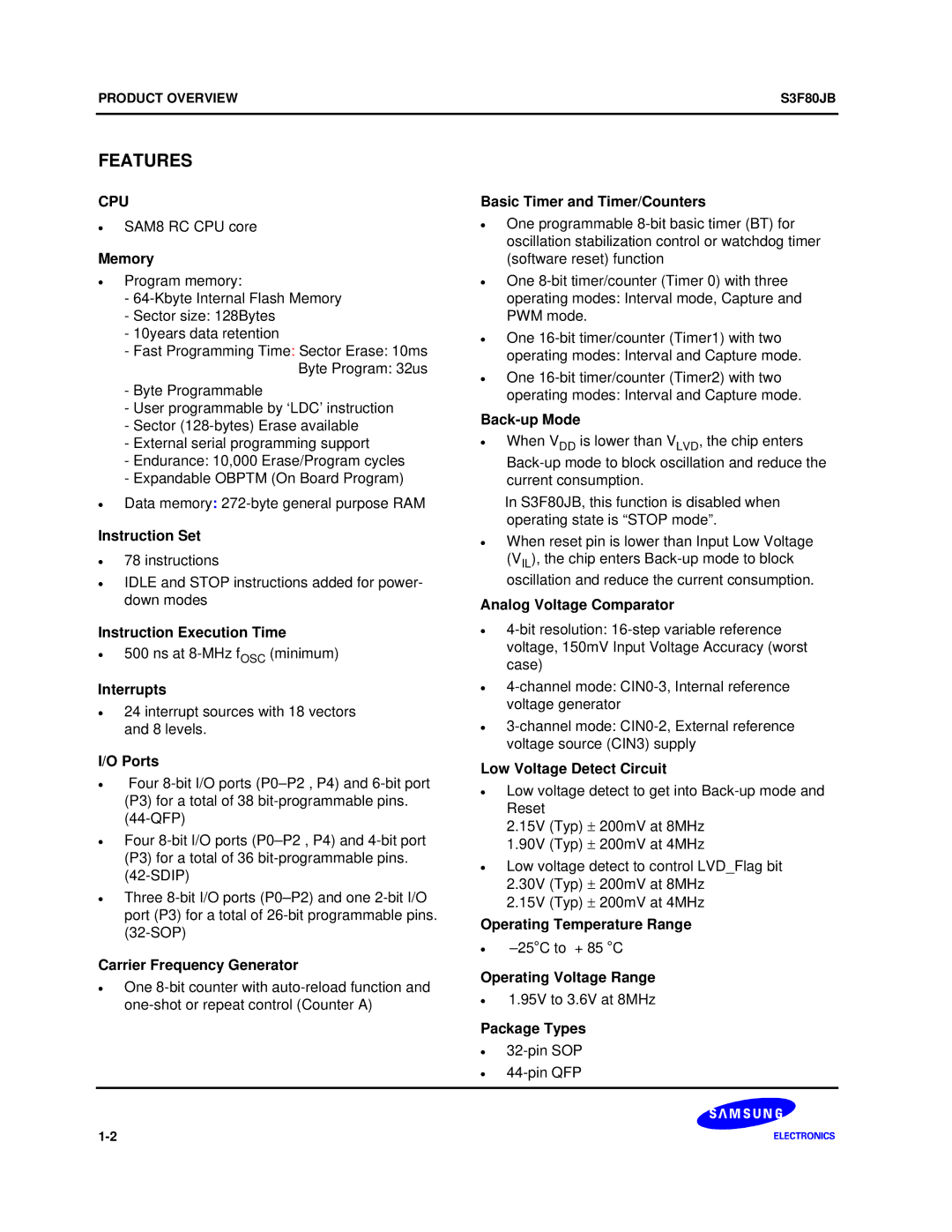 Samsung S3F80JB manual Features, Cpu 