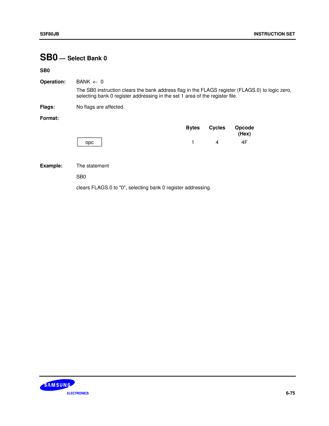 Samsung S3F80JB SB0 Select Bank, Operation Bank ←, Statement, Clears FLAGS.0 to 0, selecting bank 0 register addressing 
