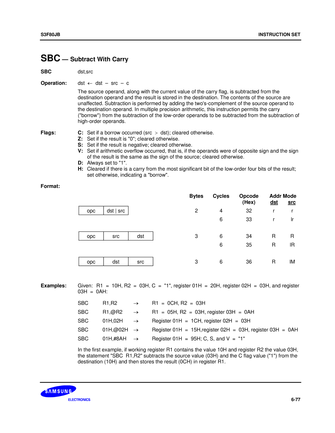 Samsung S3F80JB manual SBC Subtract With Carry, Always set to, Set otherwise, indicating a borrow Format Bytes Cycles 