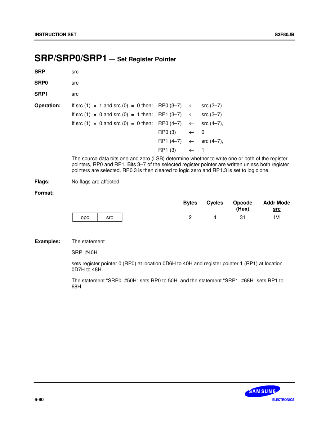 Samsung S3F80JB manual SRP/SRP0/SRP1 Set Register Pointer, Srp 