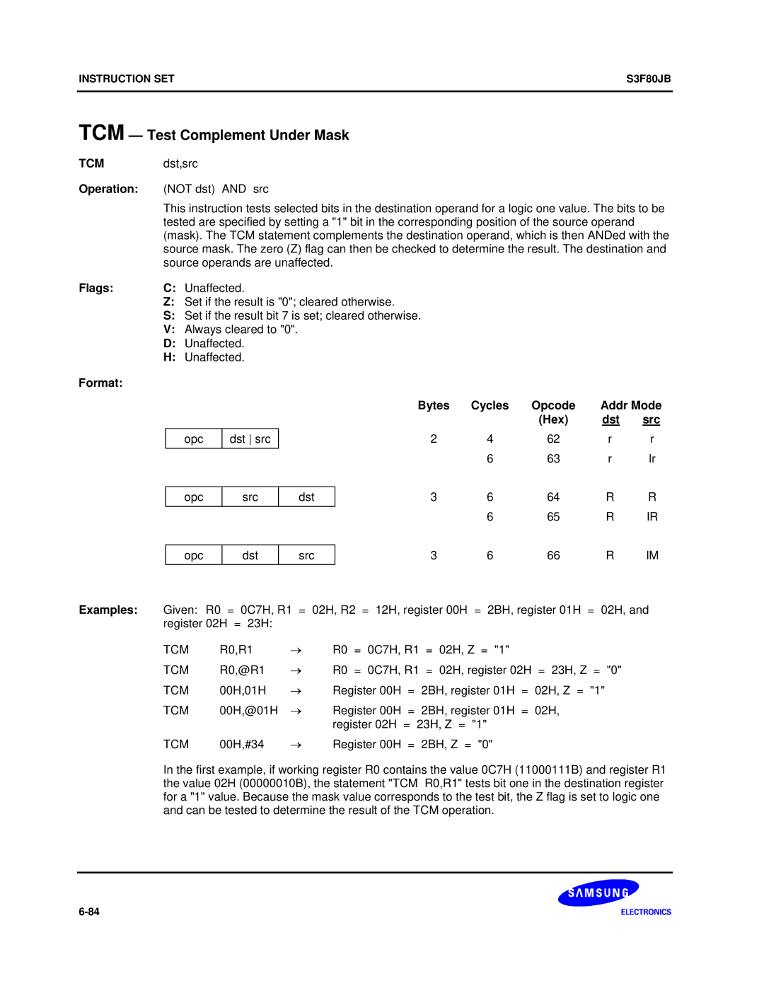 Samsung S3F80JB manual TCM Test Complement Under Mask, R0,R1 = 0C7H, R1 = 02H, Z = 