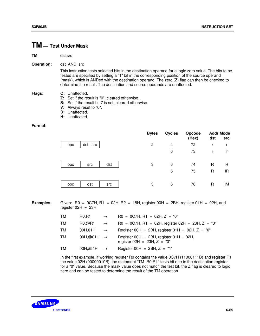 Samsung S3F80JB manual TM Test Under Mask, TMdst,src, Operation dst and src, Always reset to 