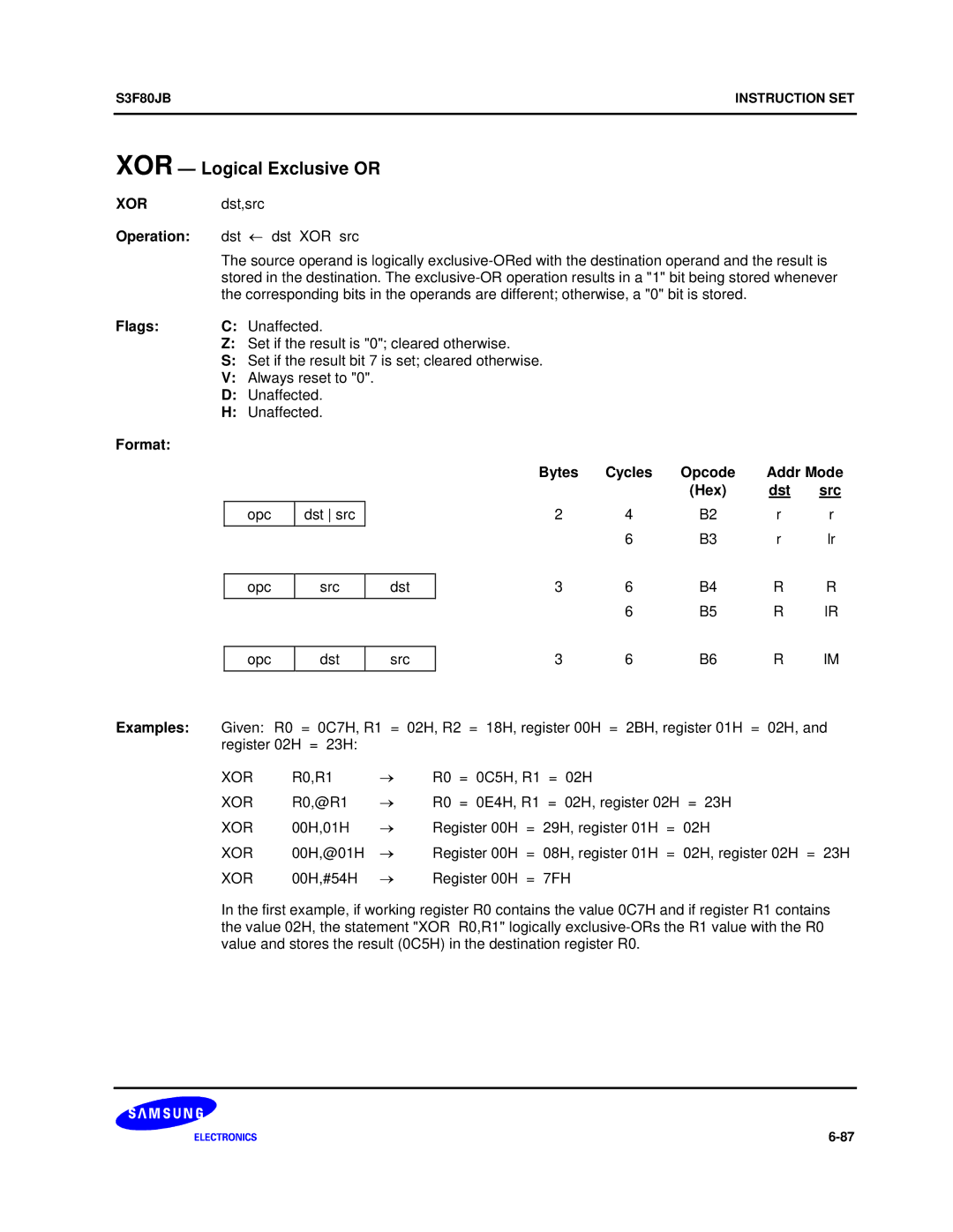 Samsung S3F80JB manual XOR Logical Exclusive or, Xor, 7FH 