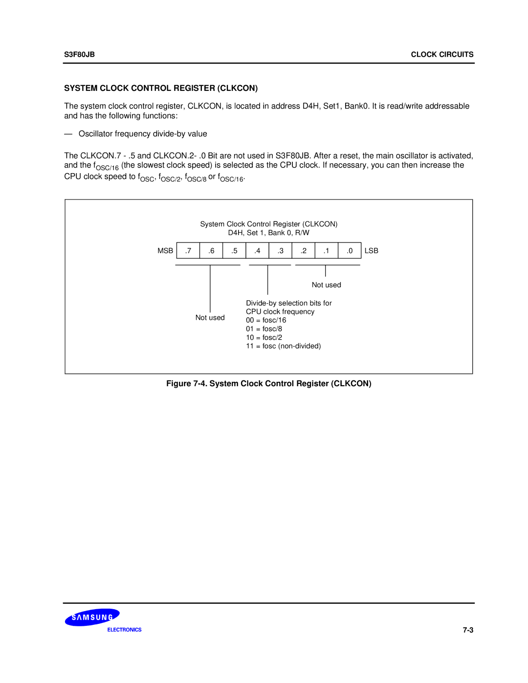 Samsung S3F80JB manual System Clock Control Register Clkcon 