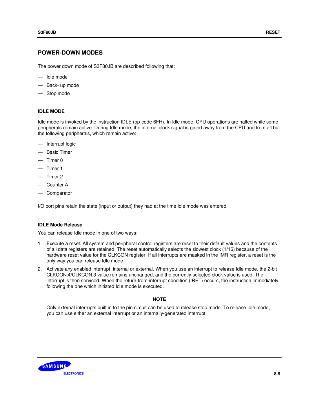 Samsung S3F80JB manual POWER-DOWN Modes, Idle Mode Release 