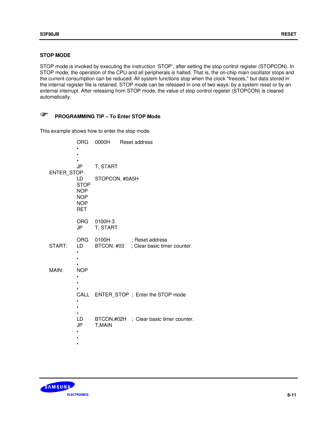 Samsung S3F80JB manual Programming TIP To Enter Stop Mode 