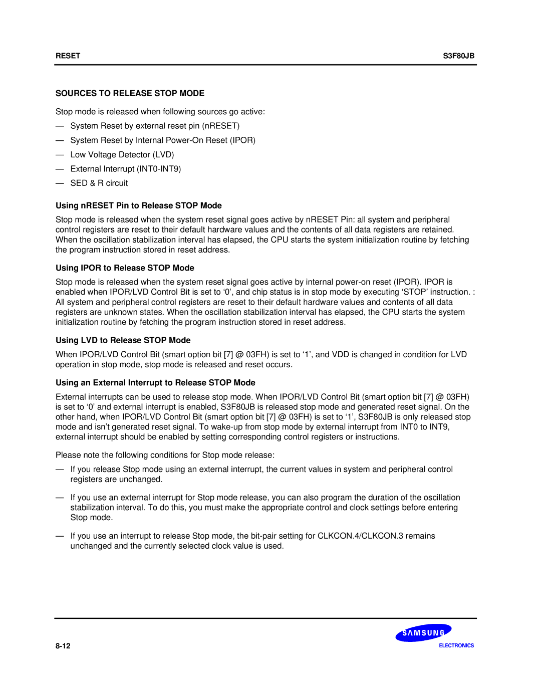 Samsung S3F80JB manual Sources to Release Stop Mode, Using nRESET Pin to Release Stop Mode, Using Ipor to Release Stop Mode 