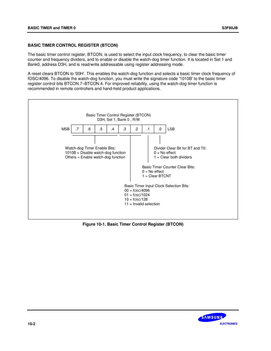 Samsung S3F80JB manual Basic Timer Control Register Btcon 