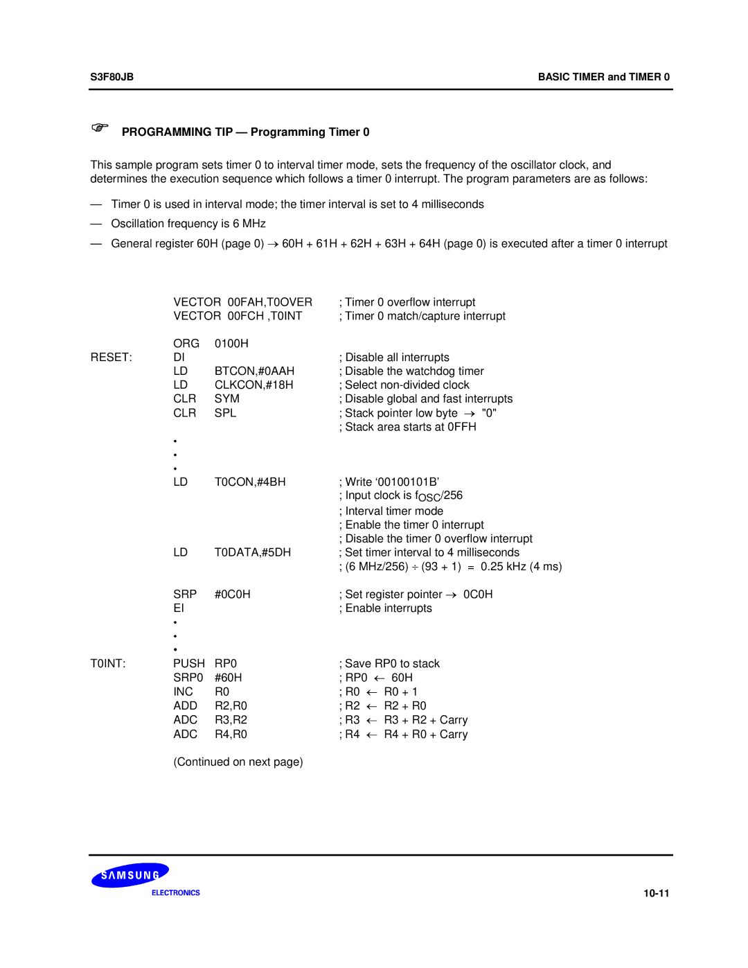 Samsung S3F80JB manual Programming TIP Programming Timer 