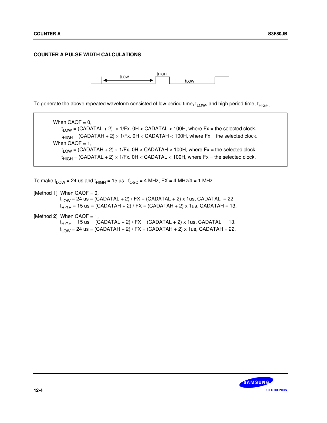 Samsung S3F80JB manual Counter a Pulse Width Calculations, Method 2 When Caof = 