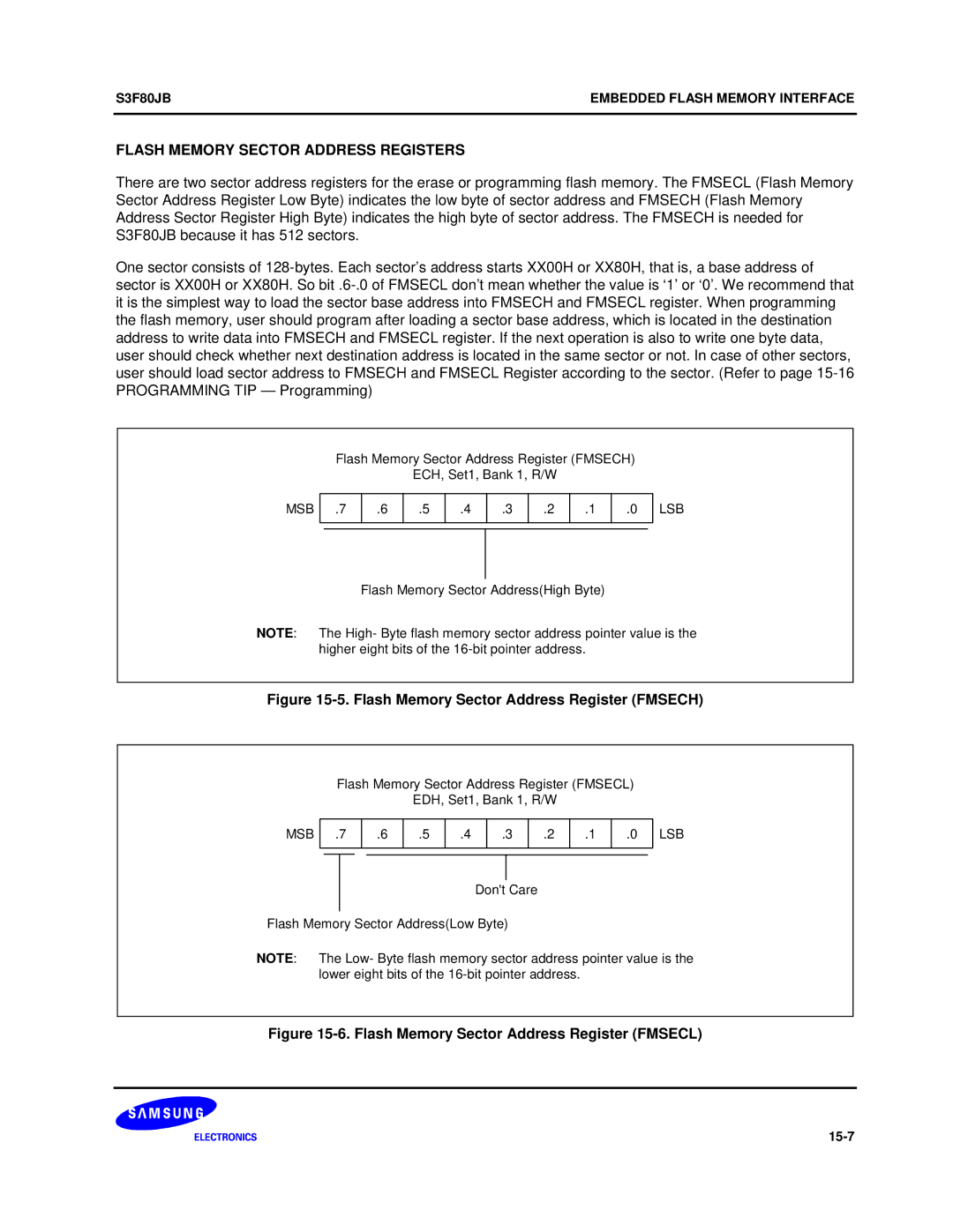 Samsung S3F80JB manual Flash Memory Sector Address Registers, Flash Memory Sector Address Register Fmsech 