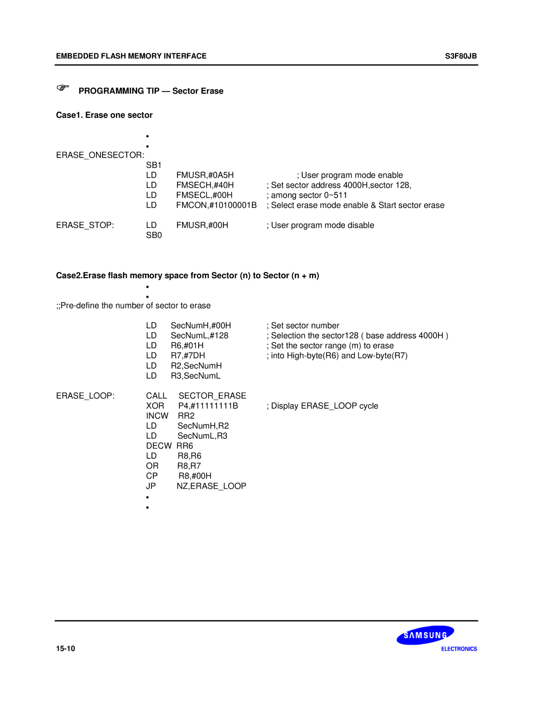 Samsung S3F80JB manual Programming TIP Sector Erase Case1. Erase one sector 