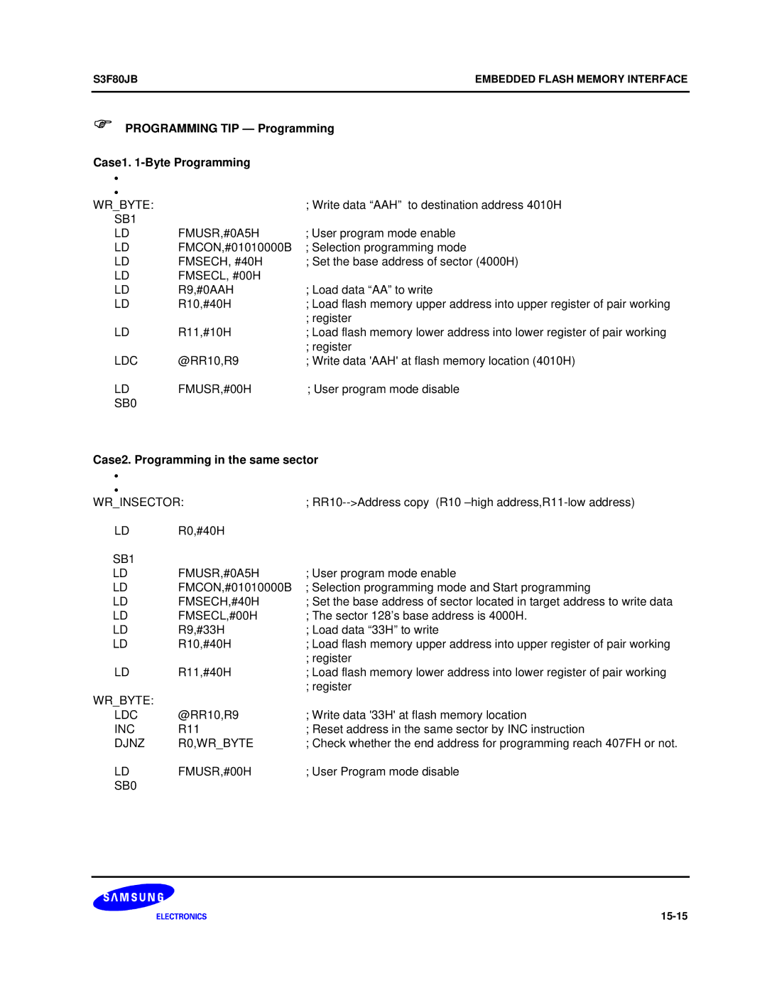 Samsung S3F80JB manual Programming TIP Programming Case1 -Byte Programming, Case2. Programming in the same sector 