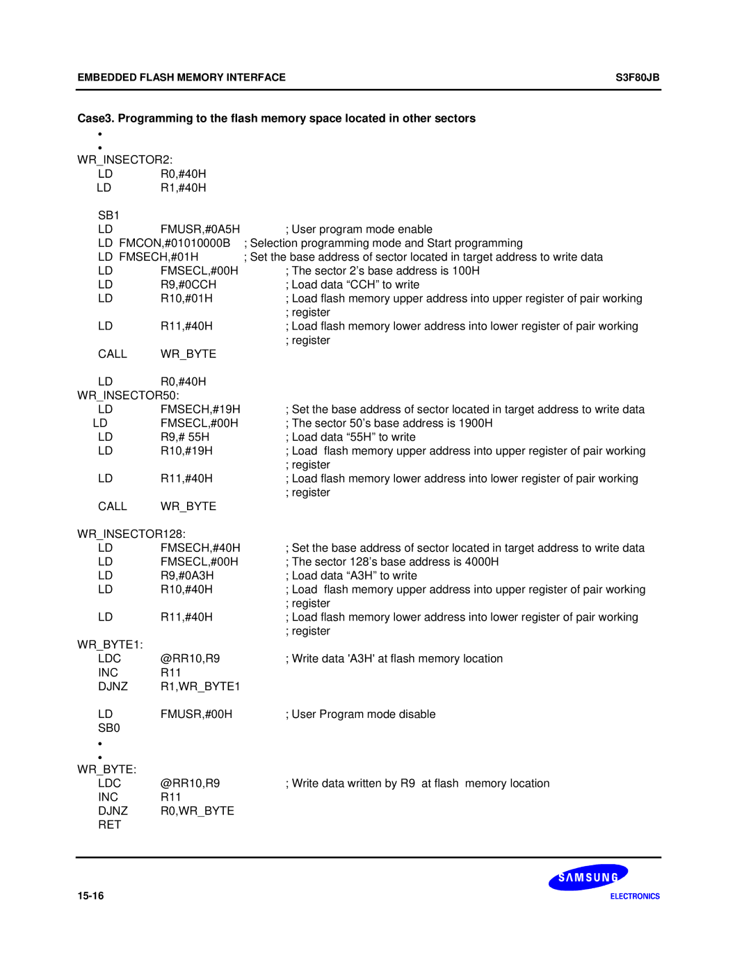 Samsung S3F80JB WRINSECTOR2, LD FMSECH,#01H, Call Wrbyte, WRINSECTOR50 FMSECH,#19H, WRINSECTOR128 FMSECH,#40H, WRBYTE1 