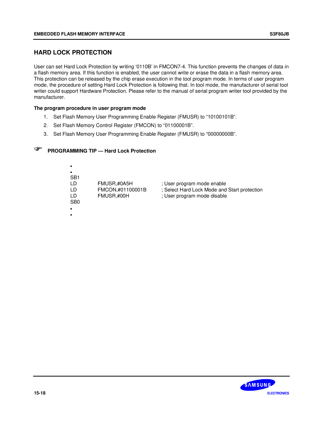 Samsung S3F80JB manual Programming TIP Hard Lock Protection, FMCON,#01100001B 